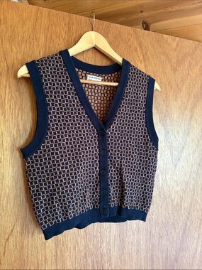 Frank & Oak Organic Cotton Knit Vest – Navy & Rust Pattern, Button Front, Size S